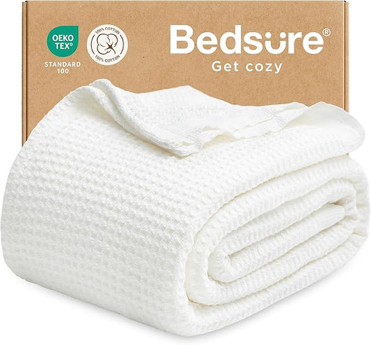 Bedsure Gentlesoft 100% Cotton Blanket Twin XL Size for College Dorm - Breathable and Soft, Waffle Weave Twin Blanket for Summer, Dorm Room Essentials, White, 66x90 inches