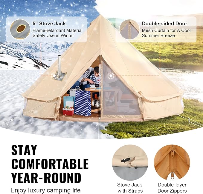 Happybuy Canvas Bell Tent - 4 Seasons Breathable 100% Cotton Canvas Yurt - w/Stove Jack, Luxury Glamping Tent Waterproof for Family Camping, Hunting, Party