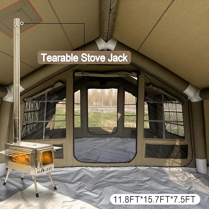 Inflatable Tent, Outdoor Easy Setup Inflatable Tents for Camping, Portable Blow Up Tent with Stove Jack, Cotton Canvas Material for Glamping, for 4 Season, 4/6/8/10 Person Use