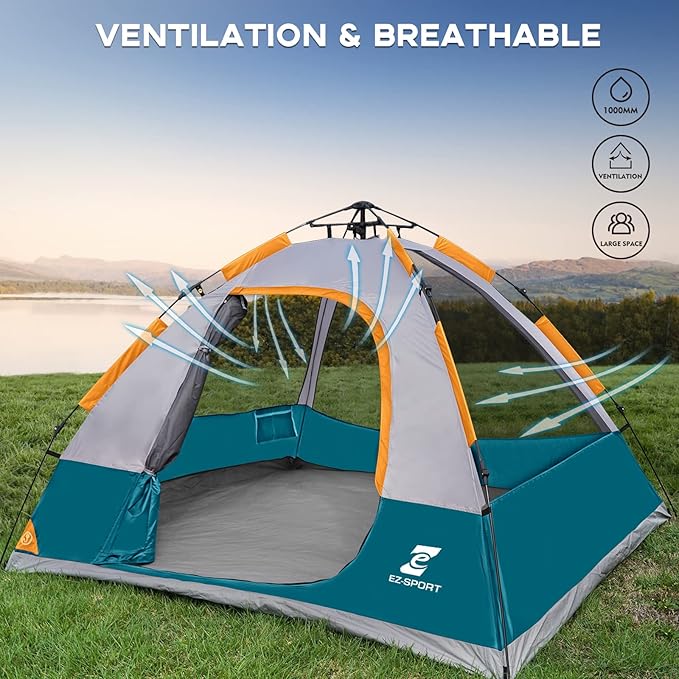 EZ-Sport Pop Up Camping Tent - 4 Person Instant Easy Set Up Family Tent with Removable Rain Fly, Waterproof Windproof Automatic Tent for Outdoor Camping Hiking Backpacking Traveling