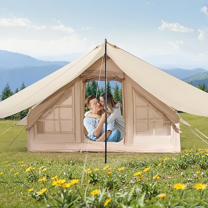 VEVOR Inflatable Tents for Camping, Easy Setup Blow up Tent with Hand Pump, 4 Season Glamping Tent with Stove Jack, Doors & Mesh Windows, Storage Bag Included for Easy Taking