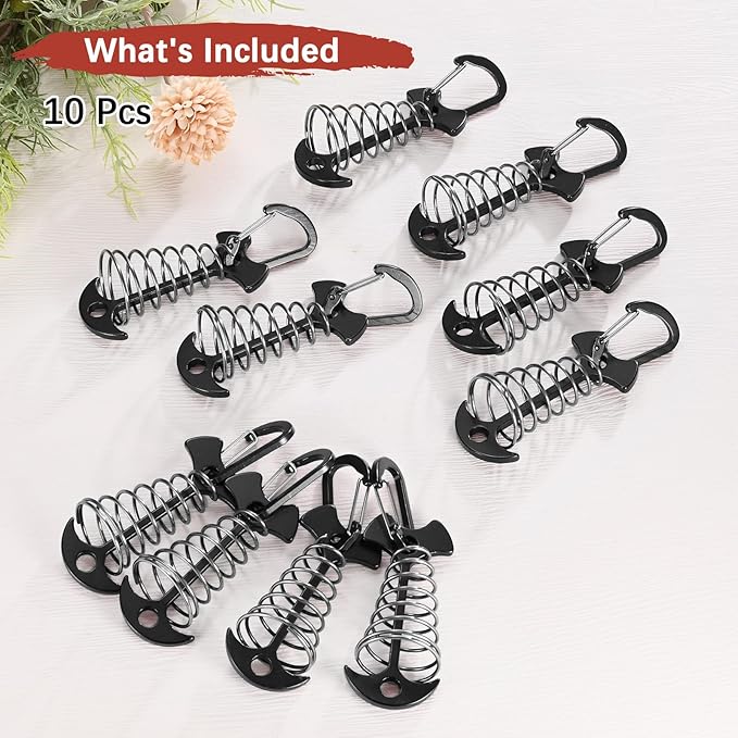 Fishbone Deck Anchor Pegs with Buckles [10PCS] - Aluminium Tent Stakes with Spring Buckle Use for Camping & Hiking - [Black] Windproof Tie Down Tent Stakes