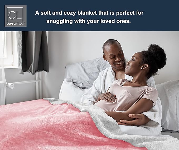 Comfort Lab Reversible Flannel Sherpa Throw Blanket - Elegant Fluffy Throw Blankets for Couch and Home Decor - Anti Pilling Non Shedding Cozy & Warm Fleece Throws - Oversize Throw (60" x 70") - Blush