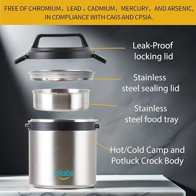 Elate 2-Quart Thermos Food Jar for Hot Food | 64oz Stainless Steel Vacuum-Insulated Camp Crock, Wide-Mouth Thermal Food Container, Portable Lunch Pot for Outdoor, Camping, Picnics, Trips, Potlucks