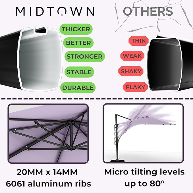 Midtown Umbrellas 10 Ft Outdoor Cantilever Patio Umbrella w/Terylast Midtown Purple Fabric - Tilt 360° Offset Patio Umbrella, Deck Patio Umbrella, Backyard Umbrella & Garden Umbrella - Black Frame