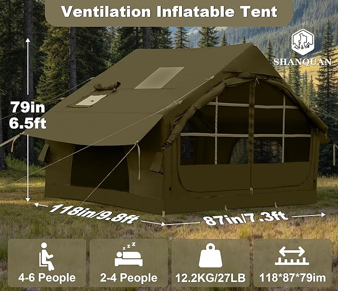 Inflatable Tents for Camping with Stove Jack, 2/4/6/8 Person Easy Setup Blow Up Tents for 4 Seasons Waterproof Inflatable Camping Tent with Awning, Air House Glamping Tents for Camping Adult