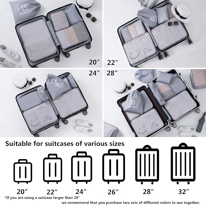 tianzong 7-piece Set Packing Cubes, Travel Bags for Luggage, Packing Organizers with Shoe Bag (Grey)