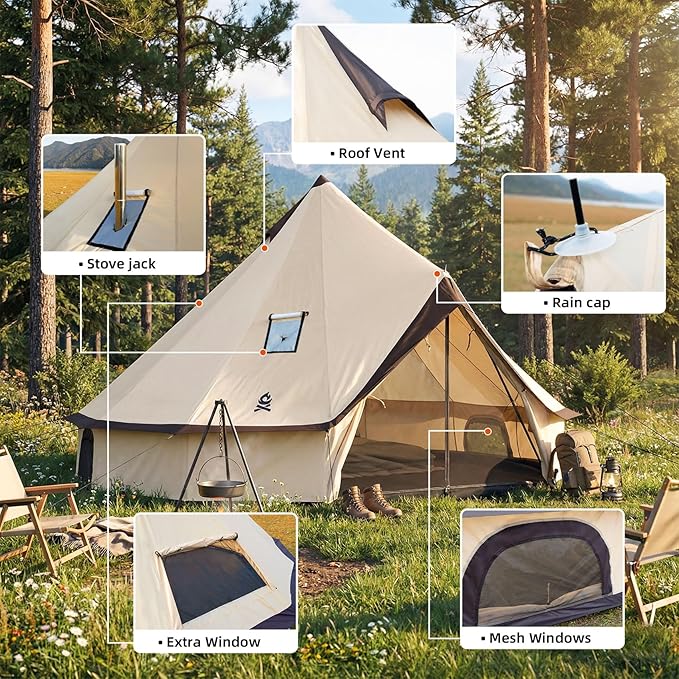 Oxford Bell Yurt Tent with Stove Jack, Easy-to-Maintain Yurts for All Year Living, 4 Season Yurt Tents for Camping, Family Glamping Tent for 2-6 People