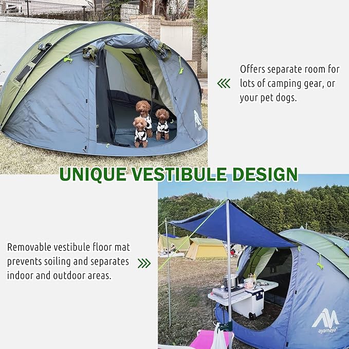 6 Person Easy Pop Up Tents for Camping - AYAMAYA Double Layer Waterproof Instant Tent with Vestibule & Porch, Large Size Family Tent Automatic Setup for 4-6 People Camping Hiking (Poles Included)