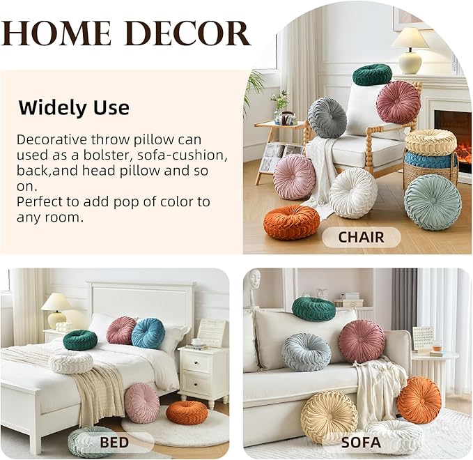 Round Throw Pillow Velvet Home Decoration Pleated Round Pillow Cushion for Couch Chair Bed Car Blush