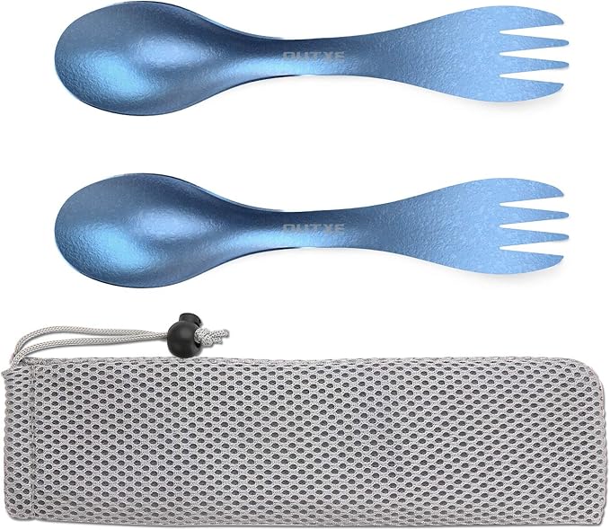 OUTXE 2-Pack Titanium Ultra Lightweight Camping Utensil, Eco-Friendly Spork for Backpacking, Hiking, Outdoors Ice-Crystal Blue.