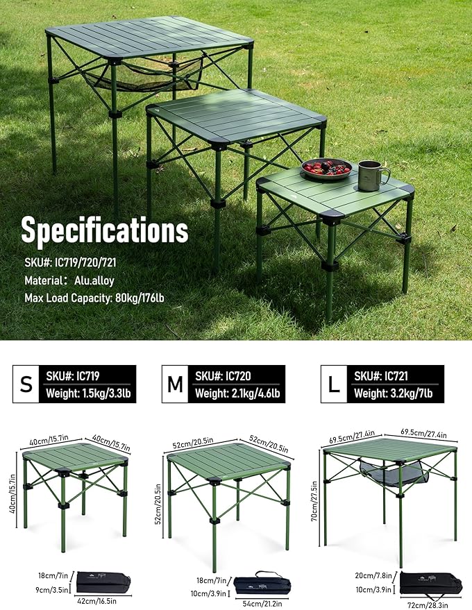 iClimb Lightweight Stable Alu. Folding Square Table Roll Up Top with Carry Bag for Camping Picnic Backyards BBQ Camp Kitchen (Green, L)