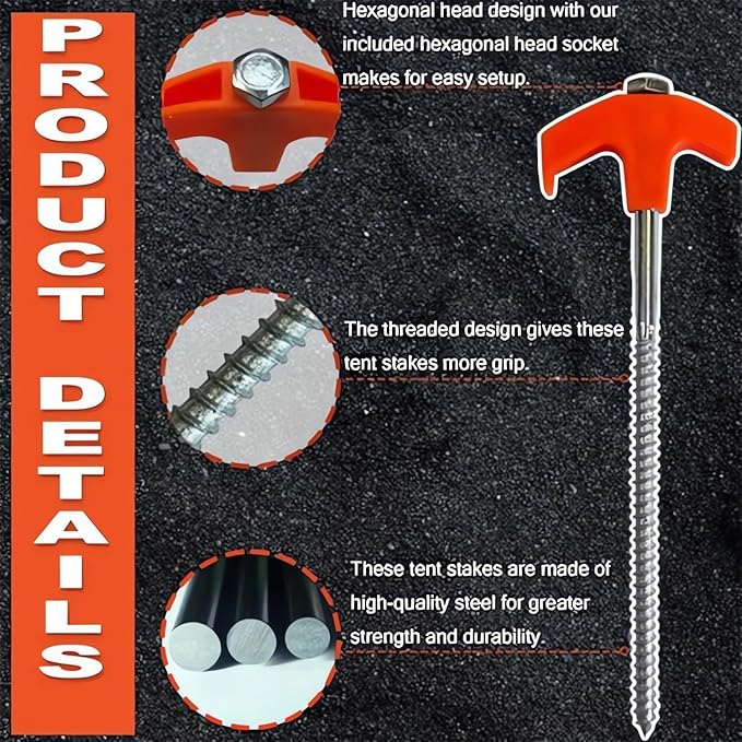 8" Screw in Tent Stakes - Ground Anchors Screw, 2024 New Screw in Tent Stakes Heavy Duty, Metal Threaded Tent Spikes, Tent Pegs Camping Stakes, Tent Stakes for Outdoor Camping (4, Red)