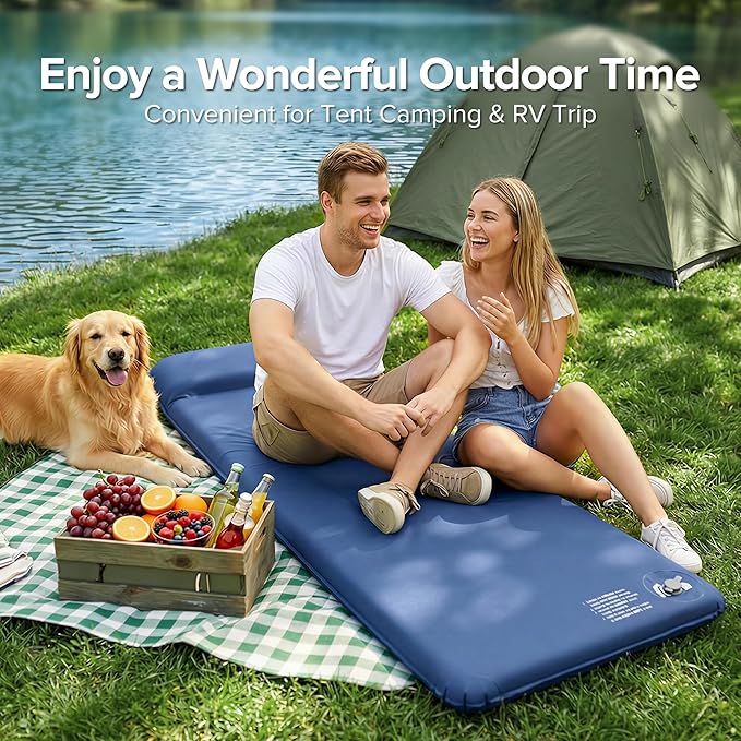 Memory Sleeping Pad, 3.1" Ultra-Thick Outdoor Foam Camping Sleeping Mat with Pillow, Easy Inflate & Deflate, 9.5 R-Value, Waterproof 4-Season Camping Mat for Backpacking Hiking Tent Car (Dark Blue)