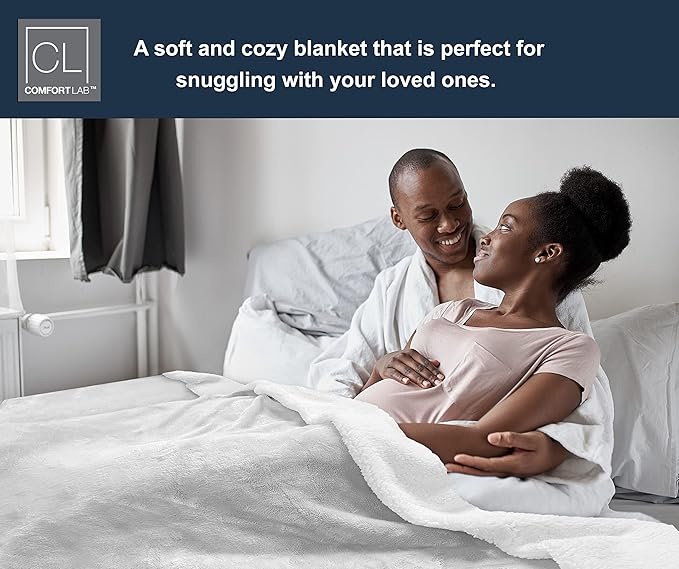 Comfort Lab Reversible Flannel Sherpa Throw Blanket - Elegant Fluffy Throw Blankets for Couch and Home Decor - Anti Pilling Non Shedding Cozy & Warm Fleece Throws - Oversize Throw (60" x 70") - White