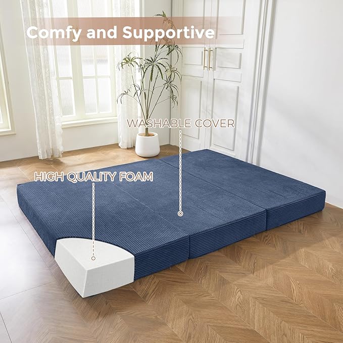 BYBYME Tri-Folding Corduroy Mattress, 6 Inch Gel Folding Mattress Topper, Foldable Soft Guest Bed Camping Pad, Washable Cover (Bluestone, Twin)
