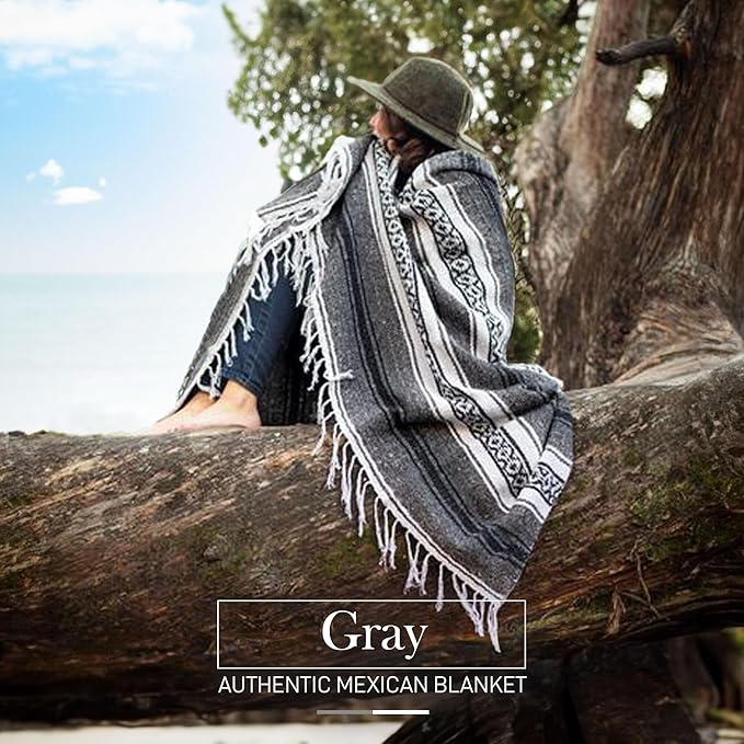 Hydration Nation Authentic Extra Large Mexican Blanket (70"x50") - Handwoven Yoga, Serape- Artisanal Falsa, Beach, Camping, Picnic, Outdoor(Gray)
