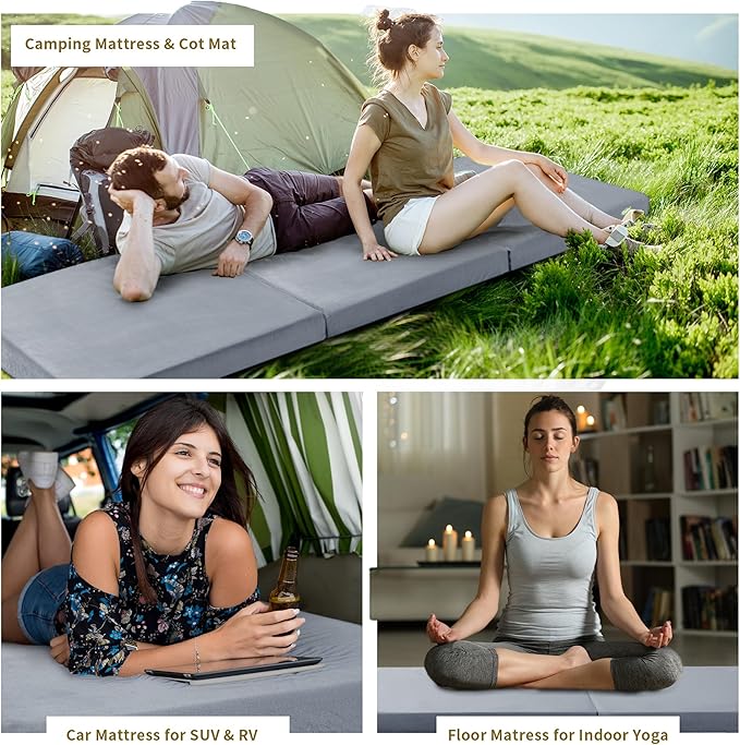 HOMBYS Tri Folding Memory Foam Camping Mattress for Outdoor Sleeping, Portable Waterproof Camping Pad Mat for Travel Truck Bed Tent