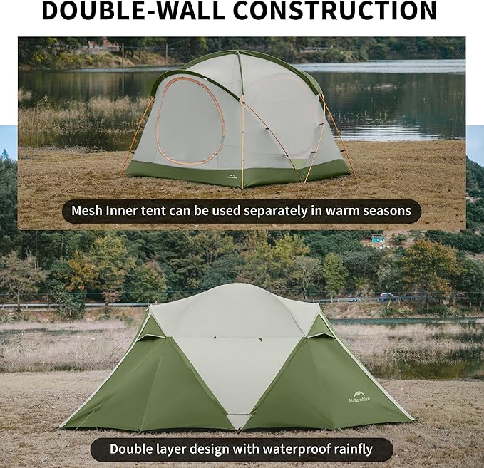 Naturehike KOTA 4/6/8 Person Camping Tent, Double Layer Waterproof 4 Person 6 Person 8 Person Tents for Camping, Large and Tall Family Tent with Vestibules Porch
