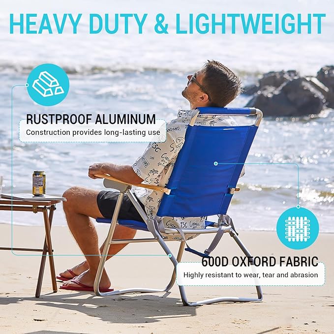 #WEJOY Folding Beach Chair for Adults, 4-Position Aluminum Lightweight Beach Chair, Low Sands Chairs with Shoulder Strap, Cup Holder and Padded Headrest, Supports 265lbs for Lawn