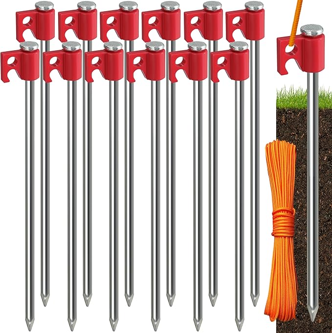 Tradesparker Tent Stakes 12-Pack 8 Inch Heavy Duty Garden Stakes Canopy Anchors - Includes Ropes for Camping Tents, Pop Up Canopies and Outdoor Events, Red