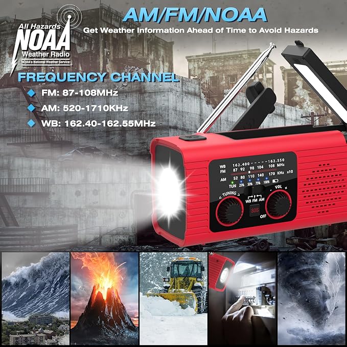 Emergency Weather Radio, 4000mAh NOAA Weather Alert Radio Solar Charging, Hand Crank & USB Charged, AM/FM with LED Flashlight, Reading Lamp, SOS Alarm, Headphone Jack for Outdoor Indoor