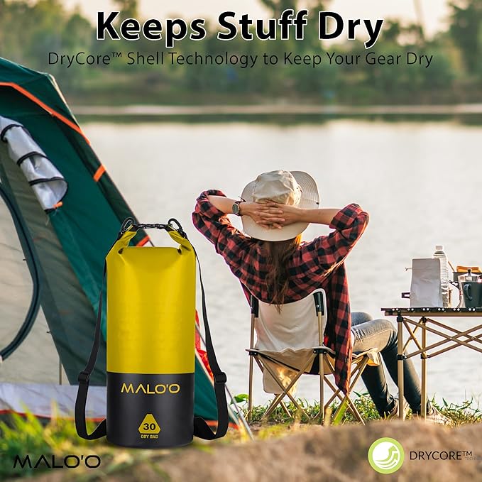 Malo’o DryPack 30L Waterproof Kayak Dry Bag, Heavy Duty Roll-Top Dry Bag with MOLLE Grid and Carry Straps for Fishing, Paddle Boarding, Boating, Camping, and Travel, Yellow
