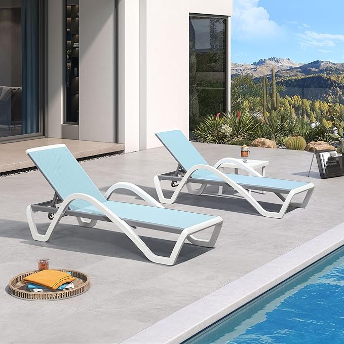 PURPLE LEAF Patio Chaise Lounge Chair Set of 3 Outside Aluminum Plastic Stackable Tanning Chairs with Armrests and Side Table for Pool Sunbathing Beach Deck Outdoor Lounger, Light Blue