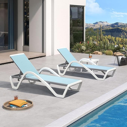PURPLE LEAF Patio Chaise Lounge Chair Set of 3 Outside Aluminum Plastic Stackable Tanning Chairs with Armrests and Side Table for Pool Sunbathing Beach Deck Outdoor Lounger, Light Blue
