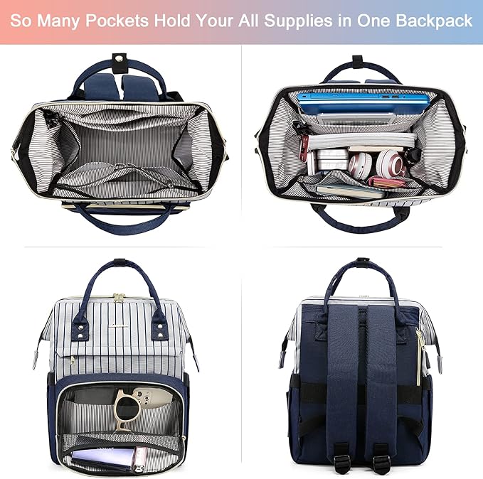 LOVEVOOK Nurse Backpack Laptop Backpack for Women with Stethoscope Case & USB Charging Port Anti Theft Travel Backpacks Doctor Bag Fits 15.6 Inch Laptop and Notebook, Blue Stripes