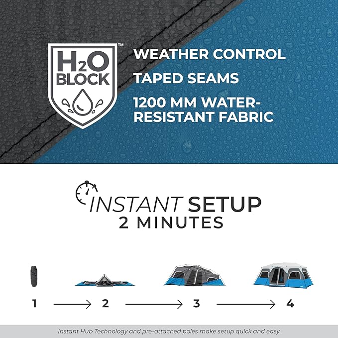 CORE Instant Cabin Tents with LED Lights | 6 Person / 9 Person / 12 Person Family Multi Room Lighted Pop Up Tents for Camping | Included Storage Pockets for Camping Accessories