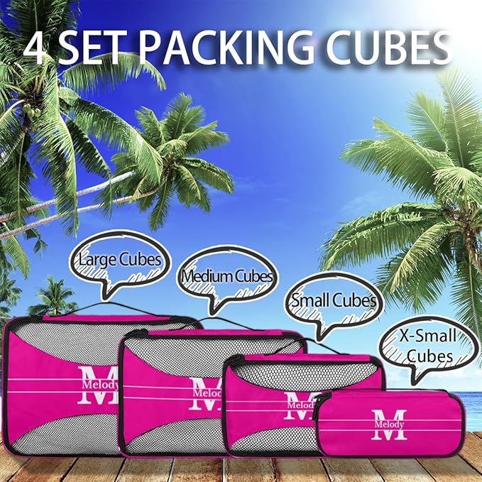 Custom 4 Set Packing Cubes for Travel, Personalized Deep Pink with Initial Letter Mesh Travel Luggage Packing Organizers for Women Men