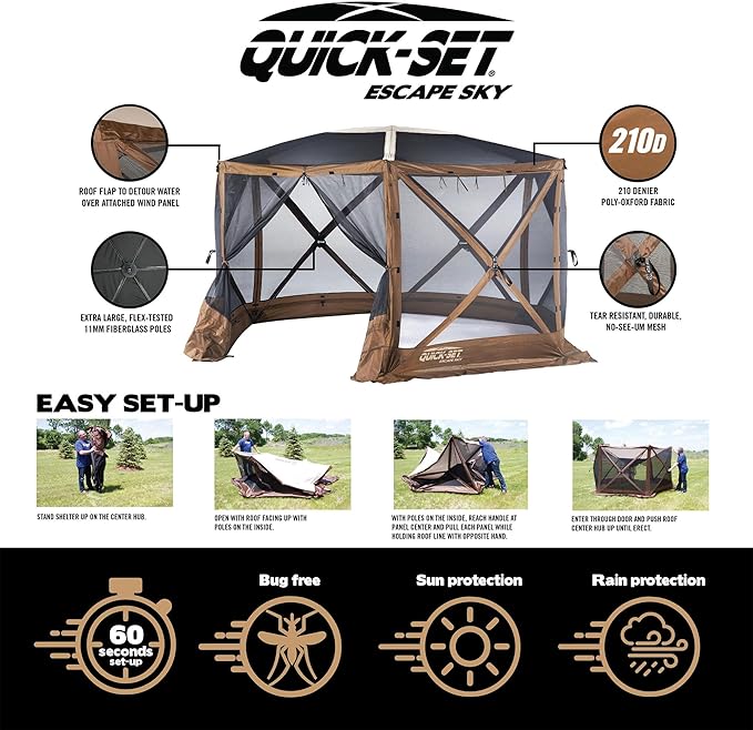 CLAM Quick-Set Escape Sky Camper 11.5’ x 11.5’ Pop-Up Outdoor Gazebo Instant Screen Tent 6-Sided Canopy Shelter w/Ground Stakes & Carry Bag, Brown
