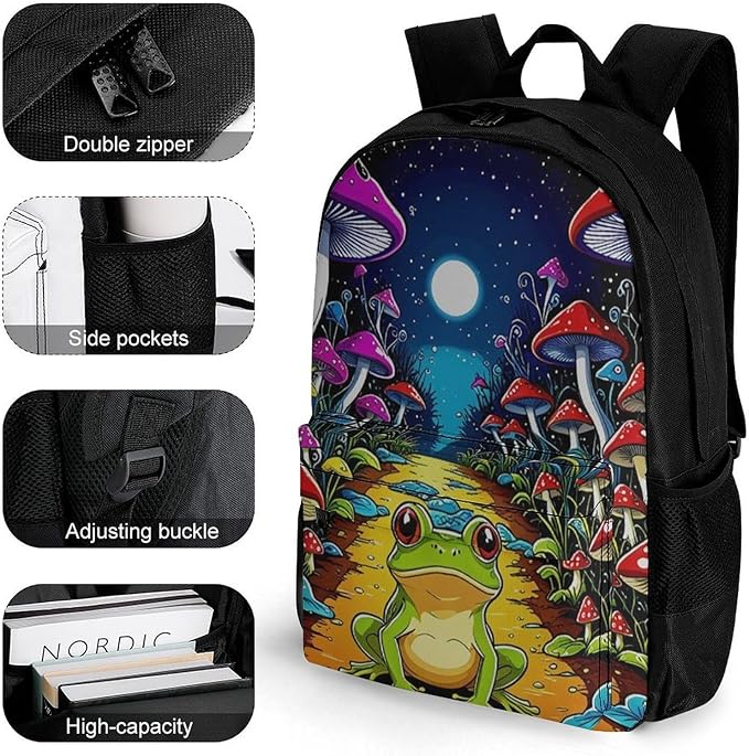 Supdreamc Rucksack Multipurpose Anti-Theft Big Capacity Shoulder Bag, Psychedelic Magic Mushrooms Frog Trippy Art Travel Hiking Camping Rucksack With Side Pockets
