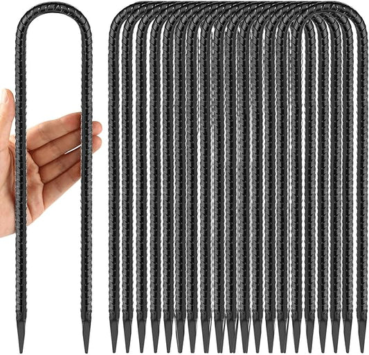 12 Inches Trampoline Wind Stakes 16-Pack, Heavy Duty U Stakes for Ground, Trampoline Tie Down Anchor Kit for Swing Set and Soccer Goal Galvanized Steel Anchors Black