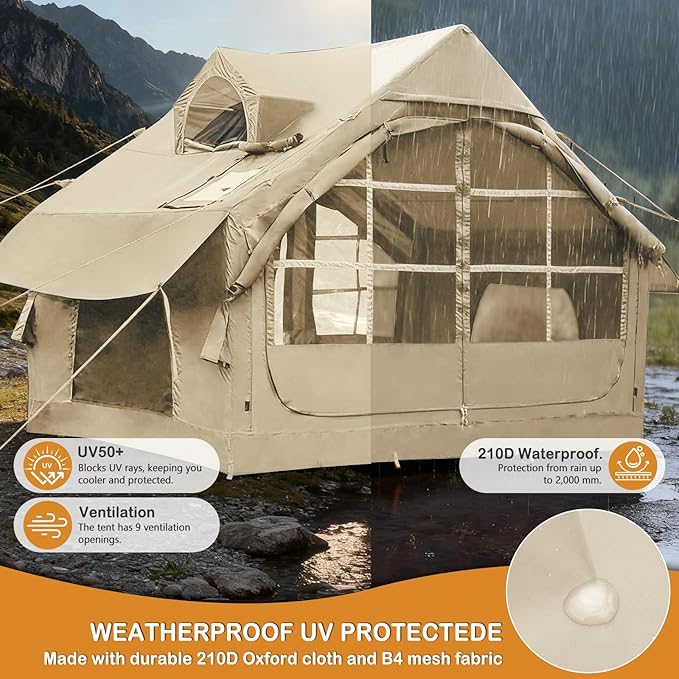 Inflatable Tents with Hand Pump Hot Tent with Stove Jack Easy Blow Up Glamping Tent with Mesh Windows, 4-6 Person Instant Family Camping Tents Waterproof for 4 Seasons