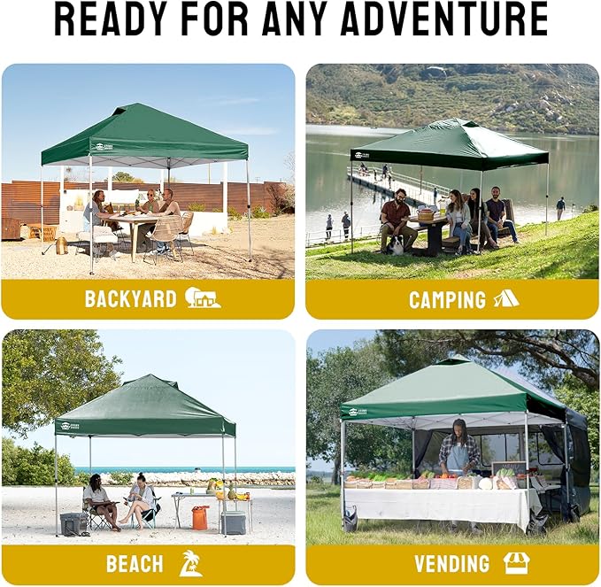 CROWN SHADES 10x10 Pop Up Canopy - Beach Tent with One Push Setup - Easy Outdoor Sun Shade for Events, Parties, Camping - Gazebo with STO-N-Go Cover Bag, Silver Coated Top, Forest Green