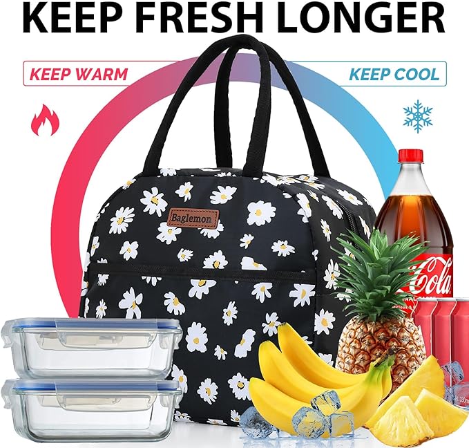 Insulated Lunch Bag for Women Men, Lunch Containers Reusable High Capacity Lunch Tote Bags for Work Picnic (Blackdaisy)
