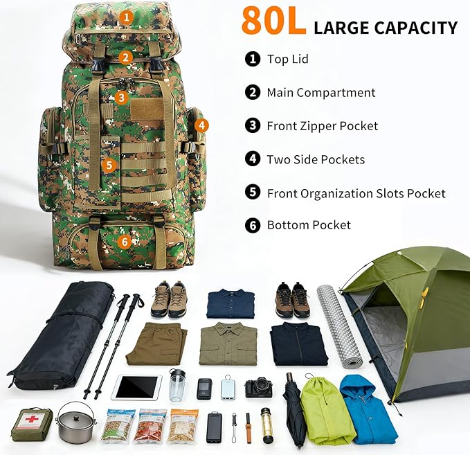 Hiking Backpack Tactical Backpack for Men Women, 80L Military Backpack Rucksack Waterproof Large Travel Camping Backpack for Men, Molle Rucksack Outdoor Sport Travel Daypack (Woodland Camo)