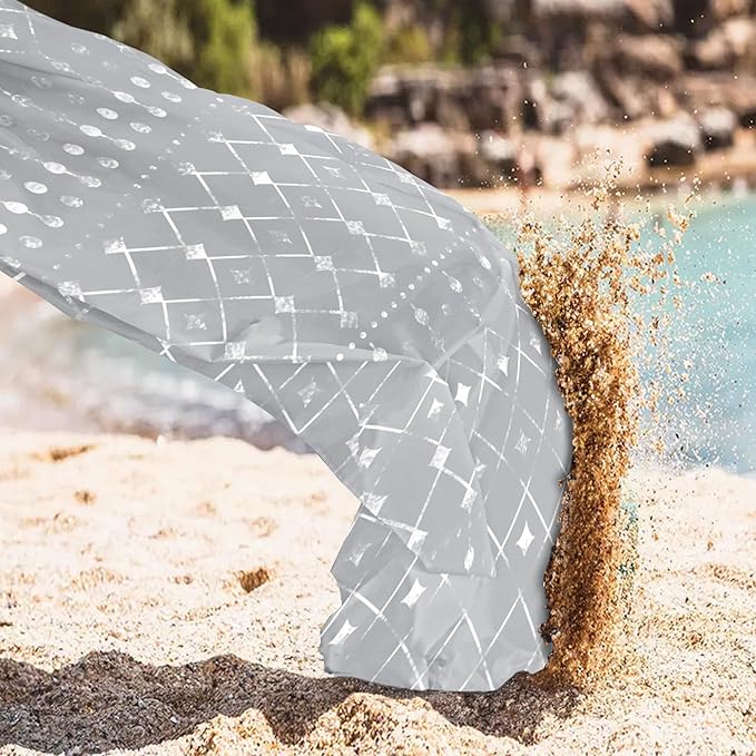 78''×86'' Large Beach Blanket for 4 Adults, Outdoor Beach Mat Sand Proof Waterproof with 4 Stakes & 4 Corner Pockets, Polyester Lightweight Comapct Grey Picnic Blanket for Travel, Camping, Hiking