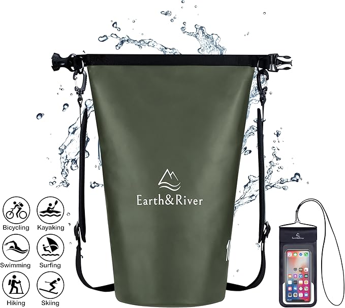 EARTH&RIVER Premium Waterproof Dry Bag Backpack, Extra Thick, Protection for All Water Activities & Camping, Floating Lightweight Dry Bag & IPX8 Waterproof Phone Case (Army Green, 10L)