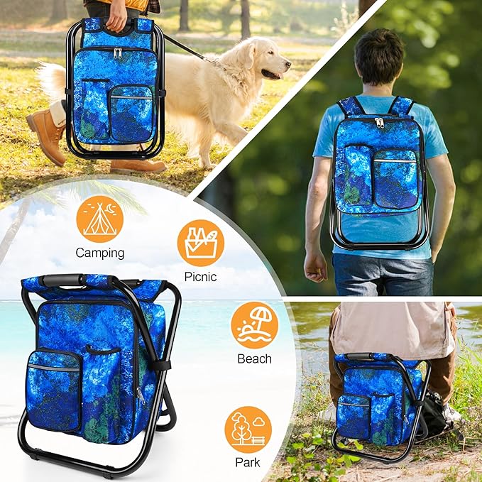Kikerike Backpack Stool Cooler Chair Heavy Duty 300 LBS Max Load Portable Lightweight Stool Backpack Folding Fishing Cooler Seat for Camping Hunting Fishing - Ocean