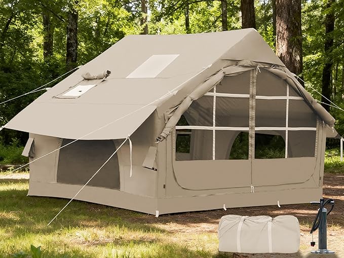 Inflatable Tents for Camping with Stove Jack, 2/4/6/8 Person Easy Setup Blow Up Tents for 4 Seasons Waterproof Inflatable Camping Tent with Awning, Air House Glamping Tents for Camping Adult
