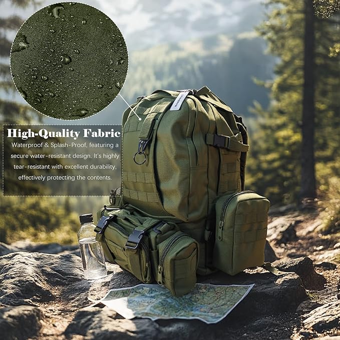 60L Tactical Backpack Military 3-Day Assault Pack, Waterproof Molle System Rucksack with Detachable Bag, Survival Bug Out Backpack for Men & Women(ArmyGreen)