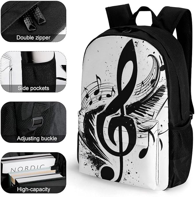 Lightweight Rucksacks for Climbing Outdoors Walking Cycling, Large Capacity Anti-Theft Multipurpose Carry On Bag, Black And White Abstract Music Note Piano Camping Outdoor Backpack