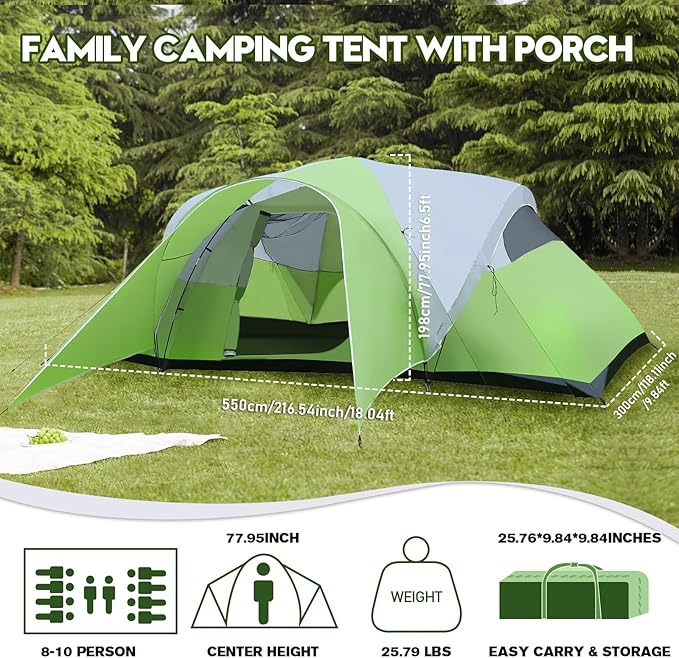 8-10 Person Family Camping Tent with Porch, Easy Setup for Outdoor Camping Picnic Backyard