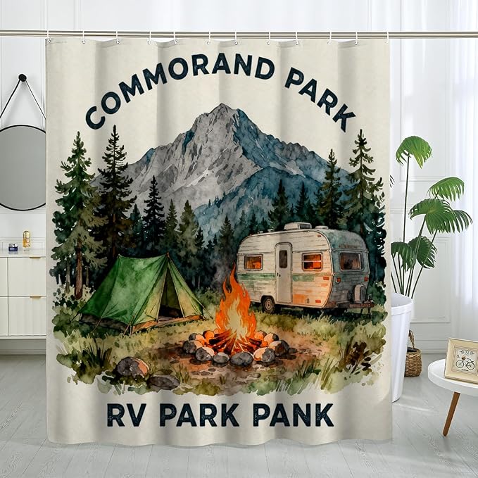 Mountain Shower Curtain, Outdoor Adventure Tent Campfire Summer Green Waterproof Fabric Design Print Bath Curtains for Bathroom Bathtub Apartment Decor 72x78 Inch