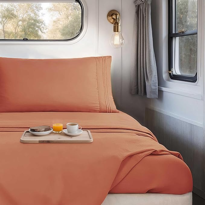 Hearth & Harbor Short Queen Sheets for RV, Rust RV Queen Sheets, Silky Soft 1800 Microfiber Bed Sheet for Camper, 4 Piece RV Bedding with Pillowcases