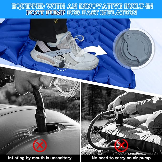 Camping Sleeping Pad, Inflatable Ultralight Camping Mat with Pillow, Built-in Foot Pump Air Mat for Traveling Tent Camping Hiking Backpacking (Blue)
