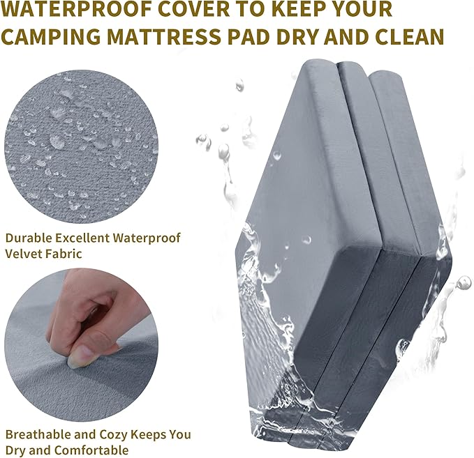 HOMBYS Tri Folding Memory Foam Camping Mattress for Outdoor Sleeping, Portable Waterproof Camping Pad Mat for Travel Truck Bed Tent
